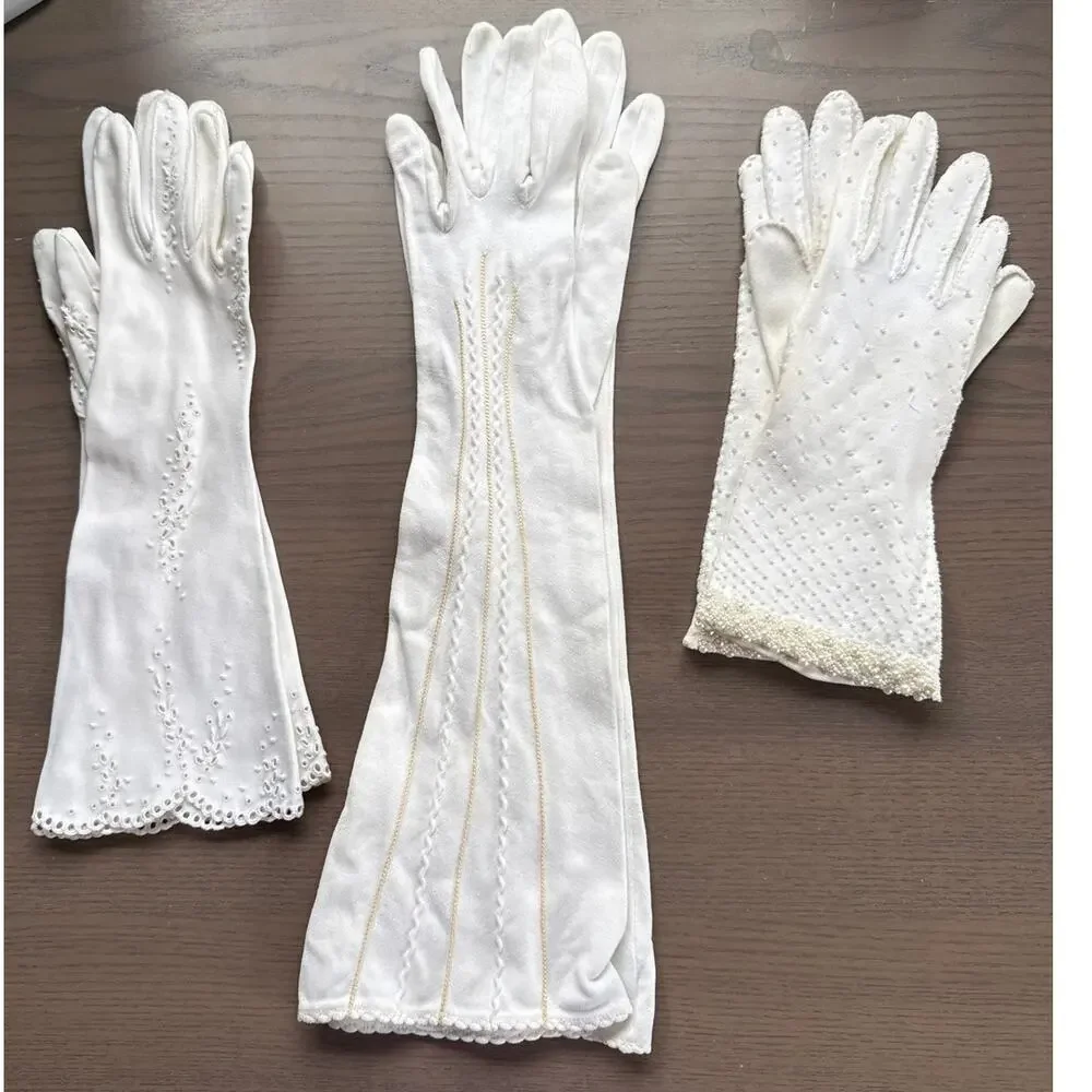Vintage Cotton Gloves 60s set of 3 pair Pearl, Eyelet, Stripe Size Small